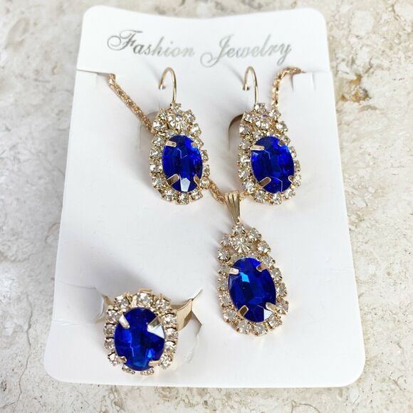 Blue Oval Jewelry SET Drop Earrings Necklace Adjustable Ring Gold NEW - Picture 5 of 10